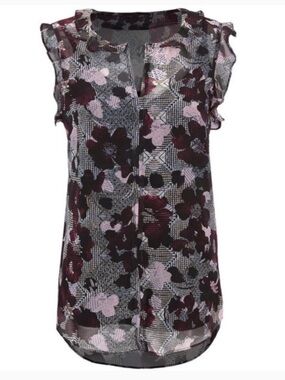 CAbi Weaver Purple Floral Print Ruffle Cap Sleeve Blouse with Cami